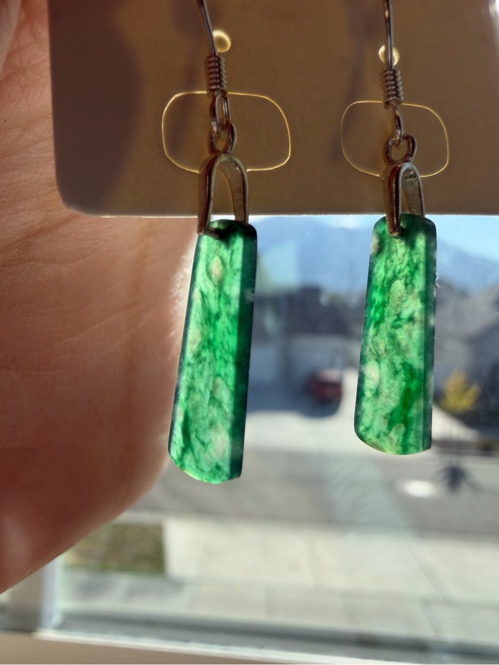Natural Grade A Burmese Icy Vivid Yang Green Jadeite "Wushi" Tag Earrings